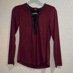 Rue21 Maroon Long Sleeve with Black Lace Up. Deep V.